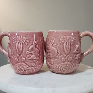 Bordallo Pinheiro Pink Rabbit Bunny Carrot Cabbageware Ceramic Mugs Set Of Two